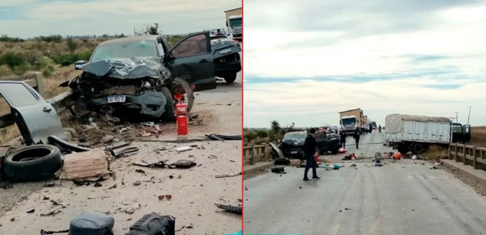 El impacto múltiple involucró a tres camiones, una camioneta y el vehículo en el que viajaba el matrimonio de Villa La Angostura. Fotos: gentileza