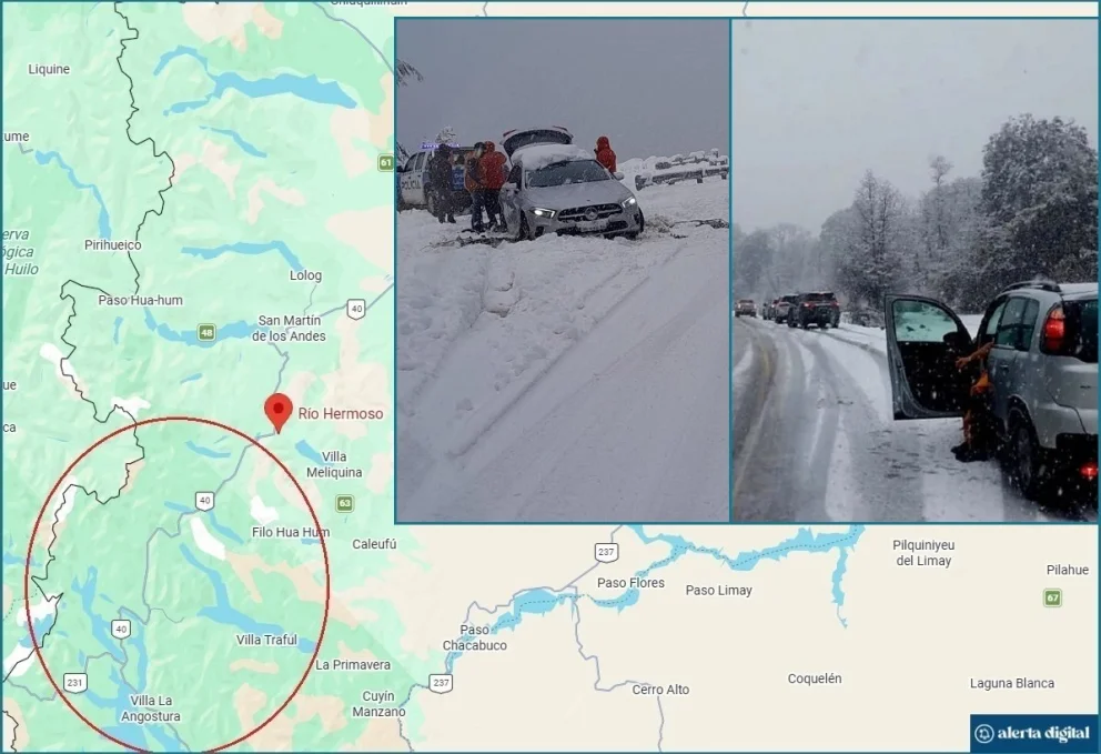 Vehículo varados por la acumulación de hielo y nieve determinaron el cierre preventivo y la posterior utilización de máquinas para despejar la calzada. Foto: Google Maps/gentileza