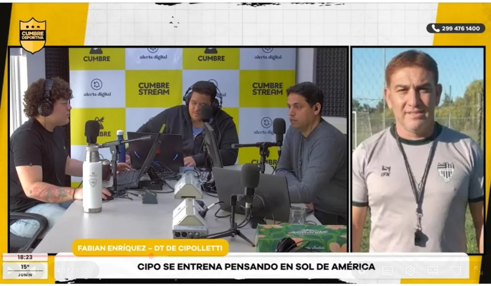 El técnico de Cipolletti, Fabián Enríquez, habló con Cumbre Deportiva en la previa a la revancha contra Sol de América. Foto: Cumbre Stream